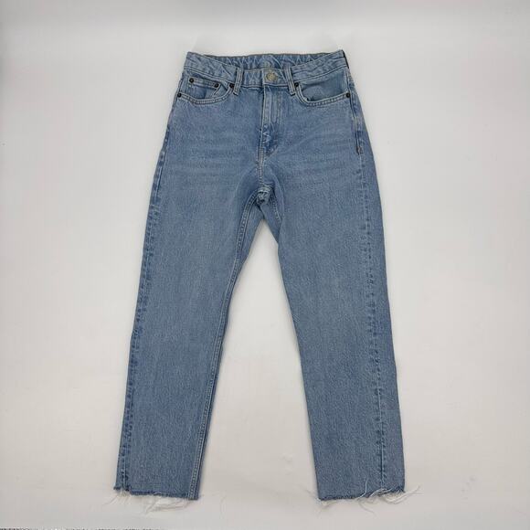 Topshop Light Wash Denim Raw Hem Straight Leg Jeans Womens Size 26/32 Mid Rise - Picture 3 of 9